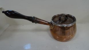 Georgian silver lined copper brandy warmer / chocolate saucepan, the silver hallmarked for London,