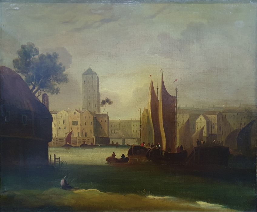 19th century Continental school Oil on canvas Sailing barges with buildings behind and a fisherman - Image 3 of 4