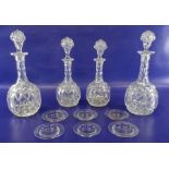Set of four ( 2 pairs) graduated cut glass wine decanters and a box of miniature glass dishes