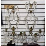 Pair of three-branch electric wall lights with glass drop decoration and brass body (2)  Condition