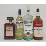 1.5 litre bottle of Bacardi Rum, 1.5 litre bottle of Old Monarch Blended Scotch, a bottle of