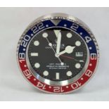 Modern circular wall clock in the style of a Rolex wristwatch, the dial marked 'Rolex, Oyster