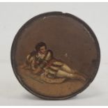 19th century wooden snuff box, the cover painted with a recumbent figure of a Shakespearean actor,
