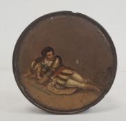 19th century wooden snuff box, the cover painted with a recumbent figure of a Shakespearean actor,