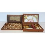 Vintage wooden travelling games box to include chess, dominoes and draughts, etc, with leather