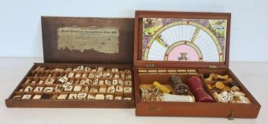 Vintage wooden travelling games box to include chess, dominoes and draughts, etc, with leather