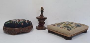 Victorian circular footstool with brass stud decoration and tapestry top, another footstool and a