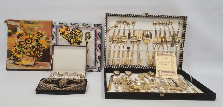 Suite of Italian gold-plated cutlery comprising knives, forks, spoons, teaspoons and serving