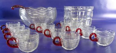 20th century clear glass punchbowl with label, red handled and a set of 12 matching mugs and a clear