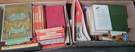 Box of books including R Bowdler Sharpe Sketchbooks of British Birds 1898, Penguin paperbacks, art