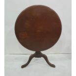 19th century mahogany snap-top circular centre table with moulded edge, turned supports, to three