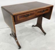 20th century mahogany and banded sofa table with end pedestal supports, cabriole legs, brass caps