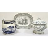 Large Victorian transfer-printed two-handled soup tureen and cover decorated with birds and flowers,