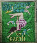 Large painted fabric circus banner entitled 'The Greatest Show on Earth'  decorated with acrobats,