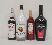 1.5 litre bottle of Tia Maria, 1.5 litre Malibu, a bottle of Pimms No.1 and a bottle of Blossom Hill