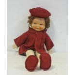 Vintage doll with felt head and cloth body, in red woollen dress, approximately 40cm long