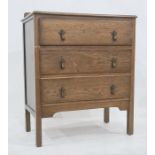20th century oak chest of three drawers, to square section supports, 72cm x 85cm
