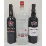 1.5 litre bottle of Archer's Peach Schnapps, a bottle of Taylor's Reserve Port and a bottle of