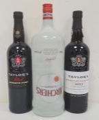 1.5 litre bottle of Archer's Peach Schnapps, a bottle of Taylor's Reserve Port and a bottle of