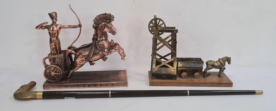 Copper model of an Egyptian chariot rider and a brass model of a pit pony and winch and a walking