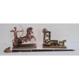 Copper model of an Egyptian chariot rider and a brass model of a pit pony and winch and a walking