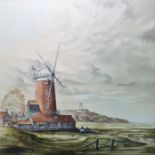Arthur H Waskett  Watercolour drawing  "Cley Mill with Blakeney Church", windmill in foreground,
