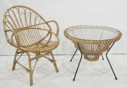 20th century circular coffee table, the glass top on bamboo and wicker tapering body, to four