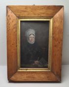 19th century miniature on copper, half length of a seated lady reading a book in maple frame with