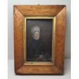 19th century miniature on copper, half length of a seated lady reading a book in maple frame with