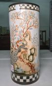 Ceramic umbrella stand, incized decoration of peacocks and floral decoration, 46m high approx.