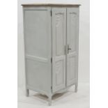 20th century cupboard with oak top with moulded edge, above grey painted body, two doors enclosing