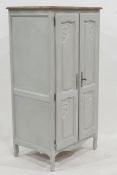 20th century cupboard with oak top with moulded edge, above grey painted body, two doors enclosing