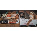 Assorted collectables, money boxes, a vintage first aid kit, an oversized wine glass, sealing wax,