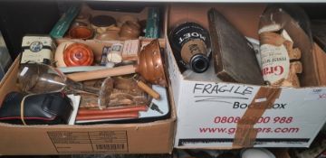 Assorted collectables, money boxes, a vintage first aid kit, an oversized wine glass, sealing wax,