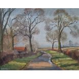 D Pollard  Oil on board  Country Lane, signed, 40cm x 49cm Chinese embroidered panel and three other