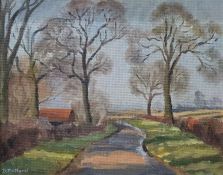 D Pollard  Oil on board  Country Lane, signed, 40cm x 49cm Chinese embroidered panel and three other