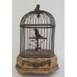 Late 19th century singing bird automaton, the bird on a perch with foliage within a wire cage and on