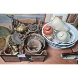 Quantity of brassware to include horse brasses, trivets, sundial, candlesticks, small planter,