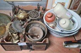 Quantity of brassware to include horse brasses, trivets, sundial, candlesticks, small planter,