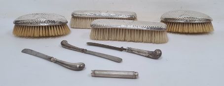 Edwardian silver four-piece brush set by Charles Fox & Co Ltd, London 1908, a silver engine-turned