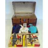 Child's bound chest with lift-out compartment containing small collection of doll's clothes,