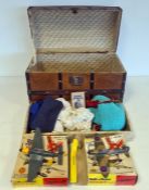 Child's bound chest with lift-out compartment containing small collection of doll's clothes,