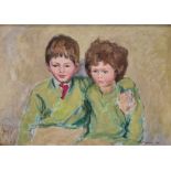 Josette Aris Vailloncourt (20th century) Oil on board Portrait of a girl and boy in green jumpers,