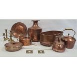 Large quantity of copperware including oval planter, saucepans, kettle, two warming pans, etc