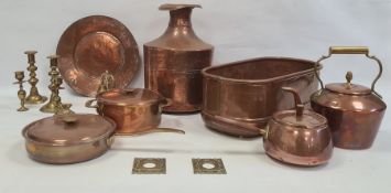 Large quantity of copperware including oval planter, saucepans, kettle, two warming pans, etc