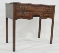 19th century mahogany banded side table with one long and two short drawers, shaped apron, 75.5 x