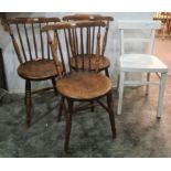 Three elm seated stickback chairs and one white painted chair (4)