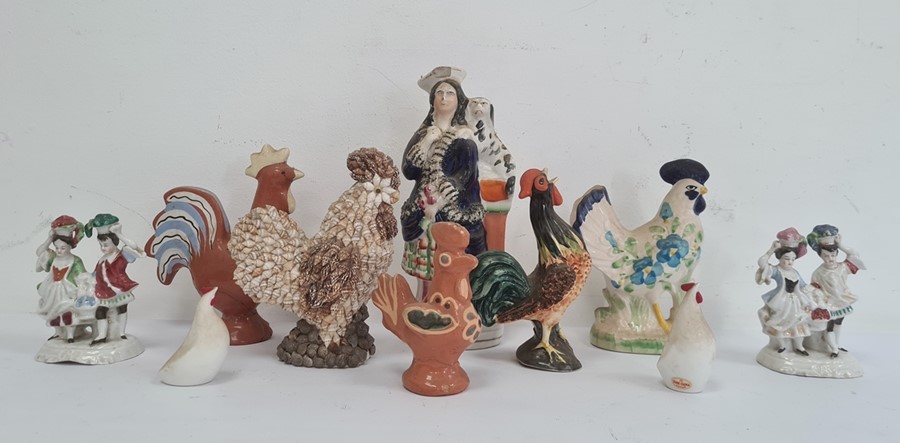 Various chicken ornaments, a Staffordshire flatback figure, etc (1 box)