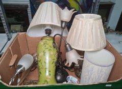 Green painted wooden table lamp decorated with apple blossom and three other table lamps (1 box)