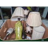 Green painted wooden table lamp decorated with apple blossom and three other table lamps (1 box)